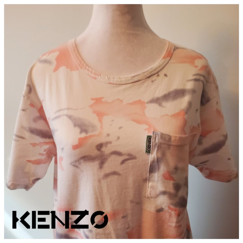 KENZO Women's Pastel Camo Print T-shirt Blush Pink & Grey & White Front Pocket